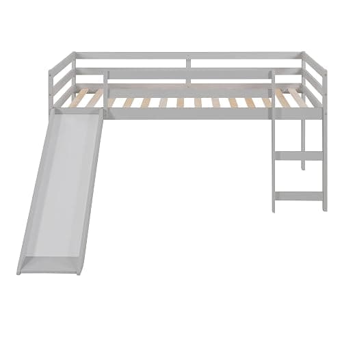 Harper & Bright Designs Twin Size Loft Bed Frame with Slide for Kids, Solid Wood Low Loft Bed with Guardrail and Ladders, Multifunctional Design, Gray thumbnail 4