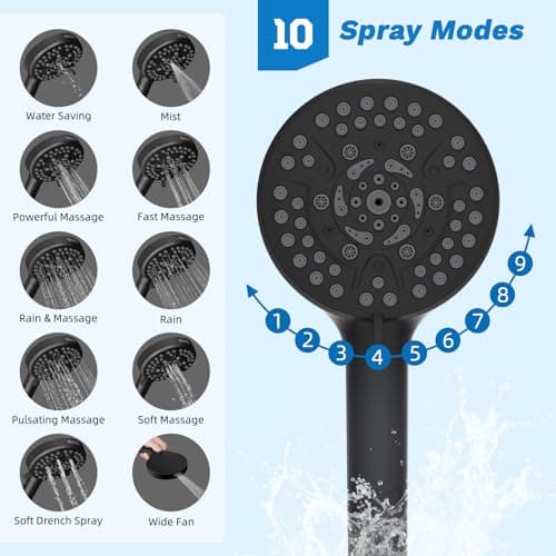 Hibbent cUPC Certified 13'' Shower Head Combo, High Pressure 5 Spray Rainfall Showerhead, 10 Spray Mode Handheld, All Metal Easy Reach 4-way Diverter Arm with Pause Mode, 71'' Hose and Holder, Black thumbnail 3
