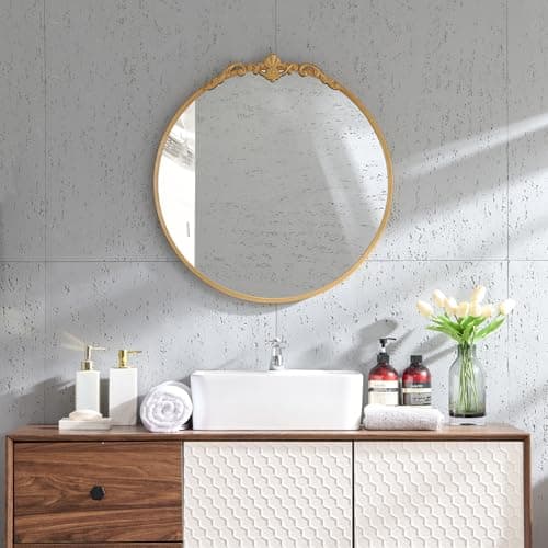 LOVNAHO Vintage Round Wall Mirror, 19 Inch Gold Frame, Baroque Arched Decorative Vanity Mirror for Bathroom, Bedroom, Hallway (Antique Gold, 19x18) thumbnail 6