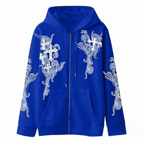 Women Men Y2K Zip Up Oversized Hoodie Gothic cross Graphic Emo Grunge Baggy Fleece Jacket 90s Punk Streetwear thumbnail 2
