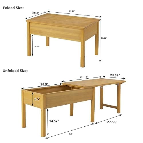 BIRASIL Wooden Kids Sensory Tables with Folding Lid, Activity Table for Children, Elevated Play Tables with Storage for Indoor Outdoor, Yellow thumbnail 3