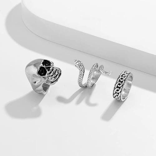 KISS WIFE Halloween Vintage Silver Punk Rings Set for Men, Cool Gothic Chunky Rings Bulk, Skull Snake Spade Ace Malachite Stackable Hippie Knuckle Rings Pack, Trendy Men's Jewelry Gift for Him thumbnail 8