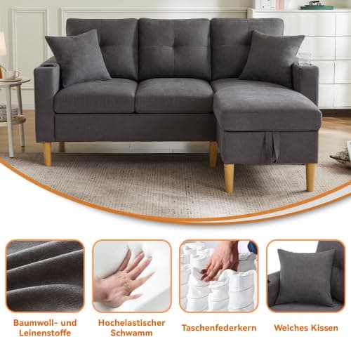 Merax L-förmiges Ecksofa mit Chaiselongue, 3-Sitzer Sofa mit Stauraum und Getränkehalter, Modernes Polstersofa aus Baumwoll-Leinen Stoff mit 2 Kissen, L Sofa für Wohnzimmer, Büro und Wohnung thumbnail 3