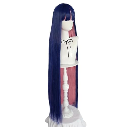 ANOGOL Hair Cap+ Blue Mix Pink Wig 105cm Long Straight Stocking Wigs for Girl with Bangs Costume for Women Synthetic Hair Wigs for Stocking Cosplay Halloween Wig Anime Party thumbnail 4