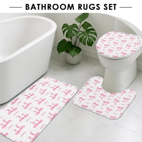 Arttown Pink Bows Bathroom Set with Shower Curtain and Rugs and Accessories, Aesthetic Polka Dot Watercolor Girly Shower Curtains, Modern Bathroom Decor 4 Pcs thumbnail 5