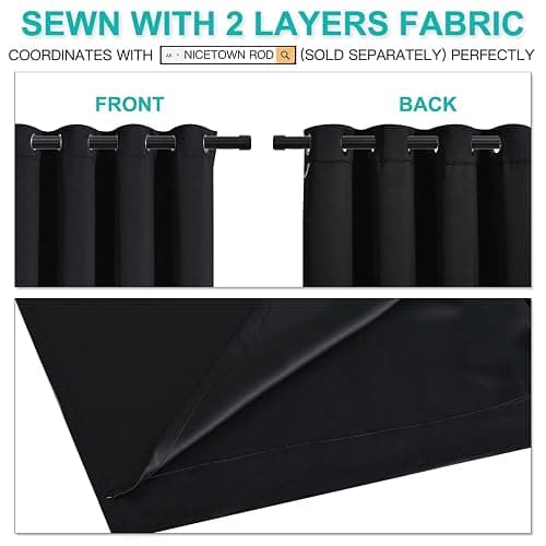NICETOWN Black Full Blackout Curtains for Dining Room 52"W x 84"L 2 Panels | Soundproof Thermal Insulated Drapes, Noise Reducing, Light Blocking, Room Darkening Decor for Hall Room Window Treatments thumbnail 5