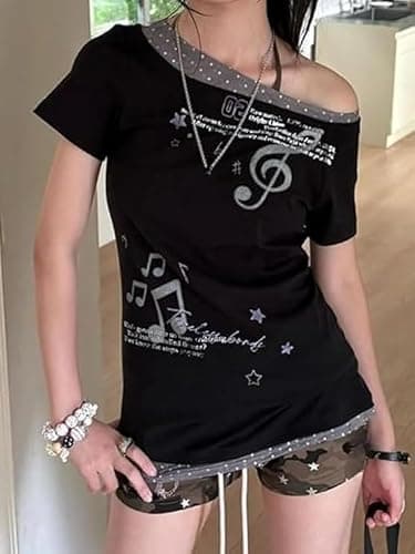 TYATVS Emo Grunge Tops Y2k Harajuku Music Note Shirt Vintage Gothic 2000s Clothing Whimsy Twee Tees Alt Clothes thumbnail 3