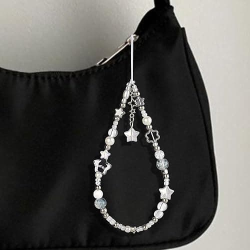 Silver Star Phone Chain Pearl Beaded Phones Charm Cute Cellphone Lanyard Wrist Strap for Key Cellphone Wristlet Phone Case Charms Beaded Keychain Wristlet Bag Charm for Handbag Keychain Accessories thumbnail 4