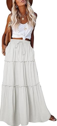 EARKOHA Womens Casual High Waist Tie Paisley Print Long Maxi Skirt with Pockets - Solid-white - Small - Image 1