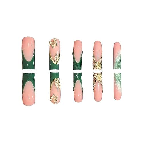 RUOKEXIN Long Square Press on Nails Green French Tip Fake Nails Gold Glitter False Nails with Gold 3D Butterfly Designs Long Square Glue on Nails Sparkly Artificial Nails Cute Stick on Nails for Women thumbnail 3