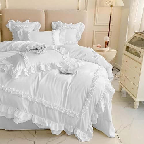 Girls Lace Bedding, Queen Comforter Cover Set, Chic Ruffled Duvet Cover with 2 Layers Ruffle,Princess Style 1 Duvet Cover with 2 Pillowcases, No Comforter-White,Queen Size thumbnail 2