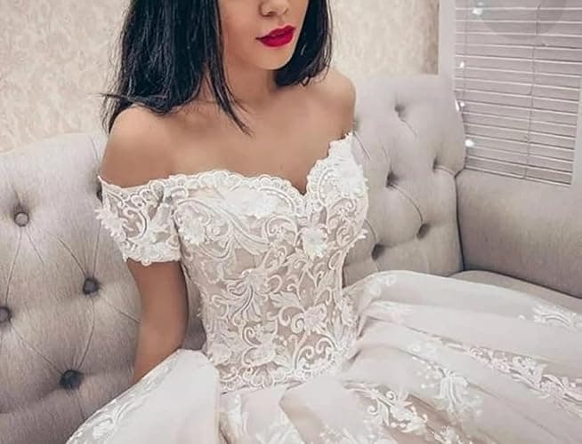 Off Shoulder Lace Appliques Wedding Dresses for Bride Vintage Princess Ball Gown - 2 - White thumbnail 4