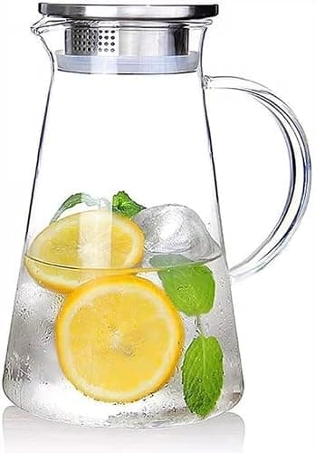 Home & Treat 1.8 Liter Glass Pitcher with Stainless Steel Lid Borosilicate Cold Hot Water Carafe Jug for Beverages Juice Iced Tea Wine Coffee Milk Dishwasher Safe - Image 1