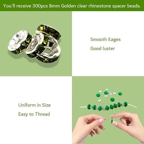 MIIIM 300pcs Olive Rondelle Spacer Beads, 8mm Diamond Rhinestone Focal Beads for Jewelry Making, Pens, Silver Spacer Charms for Bracelets thumbnail 4