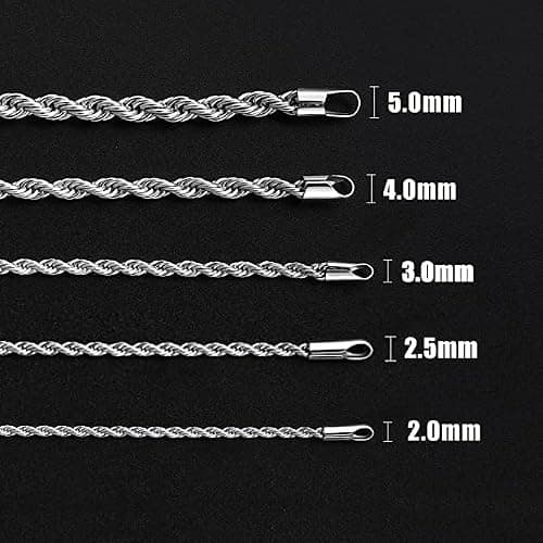 Fiusem 3mm Rope Chain Necklace for Men, Silver Tone Mens Chain Necklace, Stainless Steel Necklace Chain for Men Women, Jewelry Gift thumbnail 2