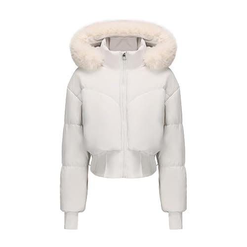 bawilom Womens Winter Cropped Puffer Jacket Long Sleeve Oversized Stand Collar Zip-Up Short Coats with Faux Fur Hood Outwear - Image 1