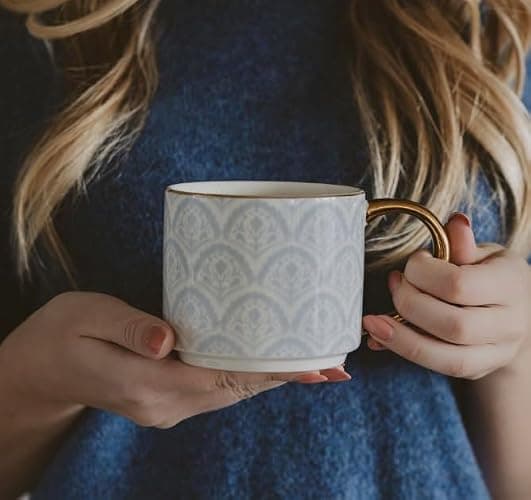 Sweet Water Decor Blue Fan Ceramic Mug with Gold Handle, Large 14oz Fine Bone China Tea Cup, Cute Coffee Mug, Vintage Floral Spring Drinkware, Hostess & Housewarming Gift for Women & Teachers thumbnail 5
