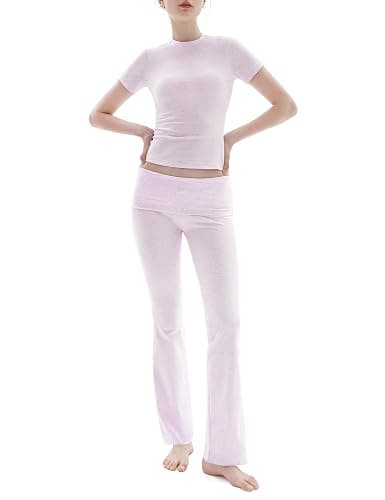 PUMIEY Women's 2 Piece Lounge Sets Short Sleeve Tops Fold-Over Flare Pants Casual Outfits Matching Set Nap Collection - Image 1