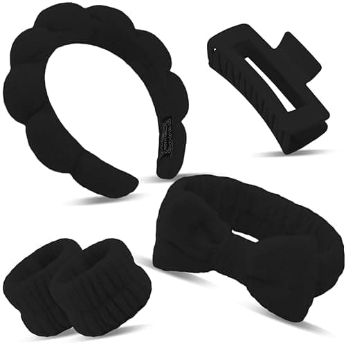 Canitor Sponge Spa Headbands Wristband Set with Hair Clips Skincare for Washing Face Non Slip Puffy Terry Cloth Makeup Headband Face Wash Wrist Bands Cute Trendy Stuff (black) - Image 1