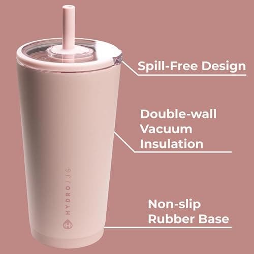 HydroJug Everyday Tumbler 20 oz – Ceramic-Lined Insulated Tumbler with Straw and Soft-Touch Lid, Cup Holder Friendly, Double-Wall Vacuum Insulation, Reusable Travel Cup – Dusty Rose thumbnail 4