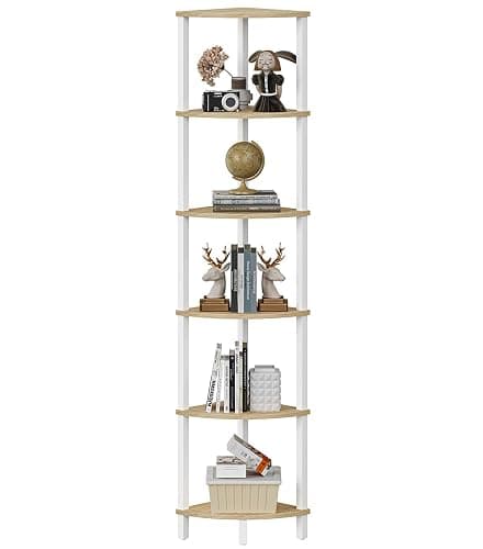 Corner Shelf, 6-Tier Corner Bookshelf, Industrial Corner Ladder Shelf, DIY Storage Shelves, Rustic Display Shelf for Living Room, Bedroom, Kitchen, Home Office, White and Nature Wood Color UJSJ004Q - Image 1