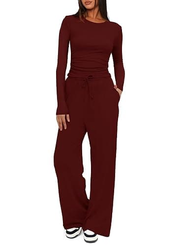 Darong Women's 2 Piece Outfits Lounge Sets 2025 Long Sleeve Crop Tops Wide Leg Pants Casual Matching Set - Image 1