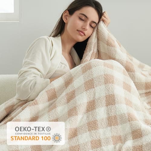 Snuggle Sac Checkered Throw Blanket for Couch, Super Soft Cozy Warm Knit Netural Decorative Fluffy Blankets, Reversible Buffalo Plaid Microfiber Throws for Sofa Bed, Plaid Beige, 50x60 Inches thumbnail 7