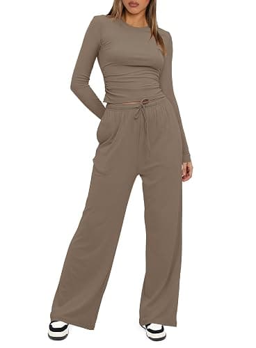 Darong Women's 2 Piece Outfits Lounge Sets 2025 Long Sleeve Crop Tops Wide Leg Pants Casual Matching Set thumbnail 3
