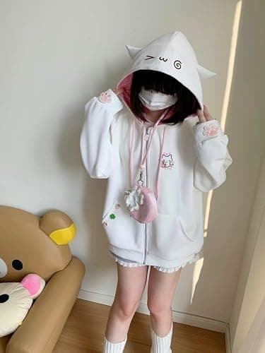 GOTHPICKUS Y2K Kawaii Embroidery Spot Hoodies Zip Up Drawstring Cute Cat Ear Ribbed Jacket Oversize Casual Streetwear thumbnail 4