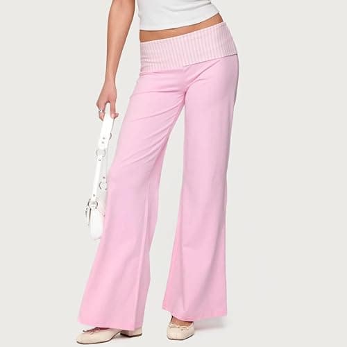 Yoawdats Fold Over Yoga Pants for Women Wide Leg Sweatpants Low Rise Flare Lounge Pant Bell Bottoms Y2K Foldover Pants thumbnail 4