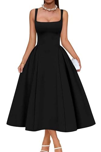 Memoriesea Women's Elegant Square Neck Swing A Line Wedding Evening Party Midi Dress - Image 1