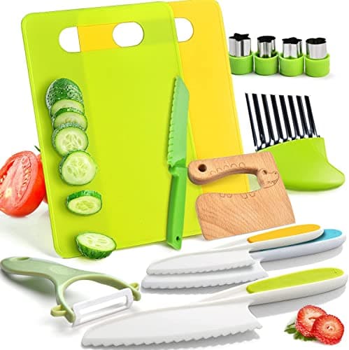 13 Pieces Montessori Kitchen Tools for Toddlers-Kids Cooking Sets Real-Toddler Safe Knives Set for Real Cooking with Plastic Toddler Safe Knives Crinkle Cutter Kids Cutting Board - 13pcs - Image 1