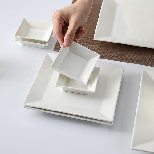 Porlien 16-Piece Classic Square Dinnerware Set for 4-Square Dinner Plates, Dessert Plates, Bowls & Dipping Saucers, Off White Dishes for 4 thumbnail 5