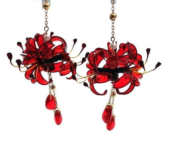 MIAO WU 1Pair Handmade Women Lycoris radiata Flower Earring, Ancient Hanfu Kimono Jewelry Eardrop,Artificial Ear Dangle Drop for Bridal Wedding Party Cosplay Decorations thumbnail 7