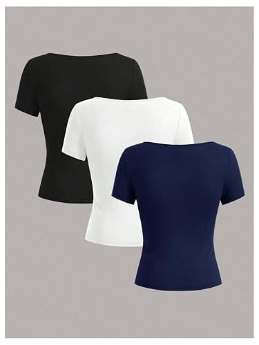 SOLY HUX Women's 3 Piece Square Neck T Shirts Summer Short Sleeve Fitted Dressy Casual Tops thumbnail 2