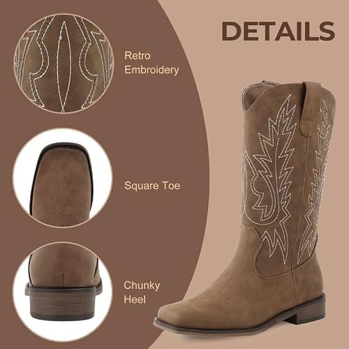 FancyQueen Western Cowboy Boots for Women - Mid Calf Square Toe Cowgirl Boots with Vintage Embroidery, Low Chunky Heel Pull On Country Boots for Rodeo Festival Concert Daily Outfits thumbnail 5