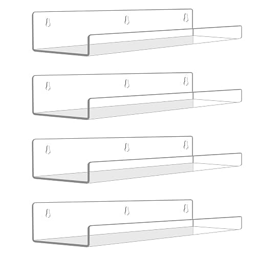 Mecnmsa 4 Pack Acrylic Shelves for Wall Storage, 15" Floating Bookshelves for Kids, Display Shelf Organizer for Bathroom, Bedroom, Living Room Decor, Kitchen, Clear thumbnail 4