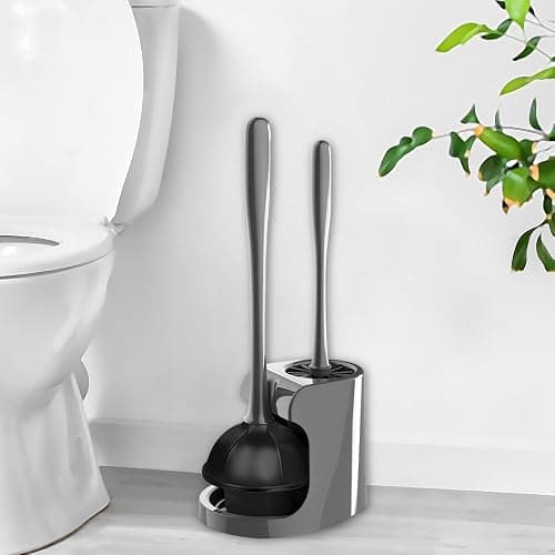 2 in 1 Toilet Brush and Plunger Set - Toilet Brush with Solid Handle, Stand and Holder for Deeply Cleaning in Bathrooms - Plastic Toilet Brush and Holder Set in Grey thumbnail 2