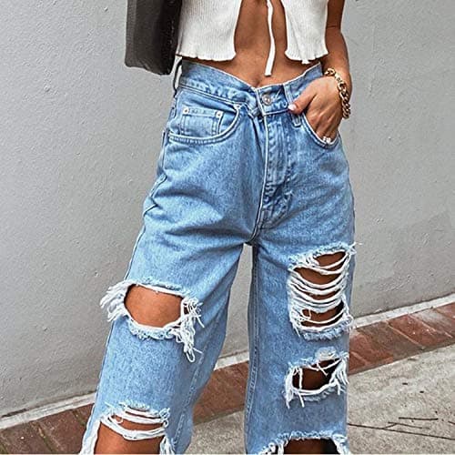 Mwardrobe Women High Waisted Baggy Ripped Jeans Boyfriend Fashion Large Denim Baggy Blue Jeans for Girls - Small - Blue thumbnail 2