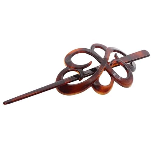 Parcelona French Wide Flower Tortoise Shell Brown Bun or Ponytail Bun Holder Hair Slider Pin Thru Clip with Stick - Image 1