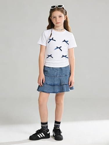Afsmlys Tween Girl Clothes Short Sleeve Bow Knot Top + Denim Mini Skirt Teen Girl Clothing, Size 8-13 Years thumbnail 5