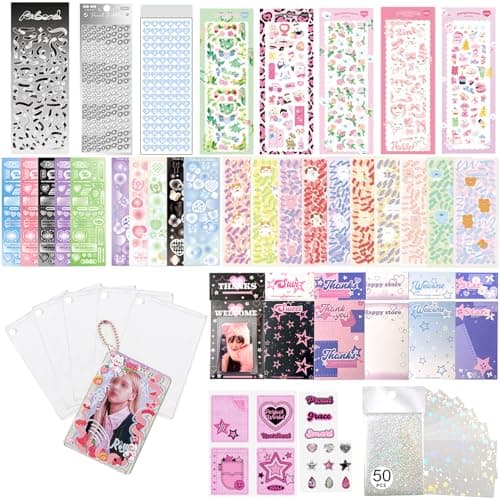 6 Kpop Photocard Holder Keychain Toploaders,6 Wrapped Gift Sets，50 Holographic Card Sleeves for Trading Cards,35Sheets Deco Stickers,2 Pcs Cute Little Pendant (Star II) - Image 1