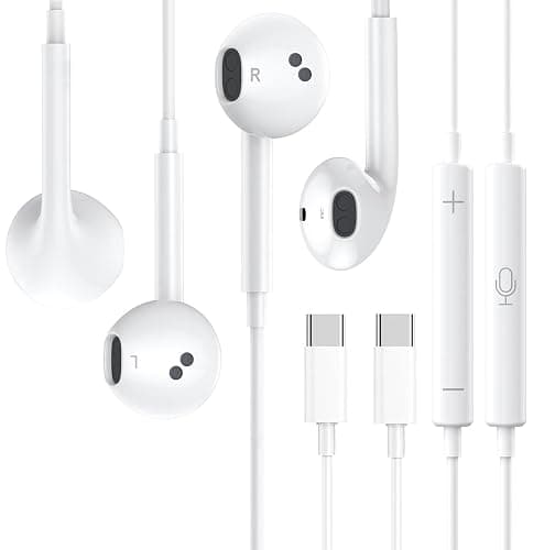 2 Packs USB C Headphones，Type C for iPhone Wired Headphones for iPhone 16/15 Earbuds with Mic and Volume Control，Hi-Fi Stereo In Ear Earphones for Galaxy S24/S23/S22/S21/S20/Ultra Note 10/20，White - Image 1