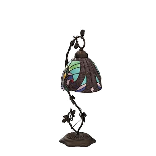 WERFACTORY Stained Glass Lamp Tiffany Style Bedside Table Lamp Reading Desk Light, Metal Leaf Base 8X10X21 Inches Decor Small Space Bedroom Home Office S160G Series thumbnail 3