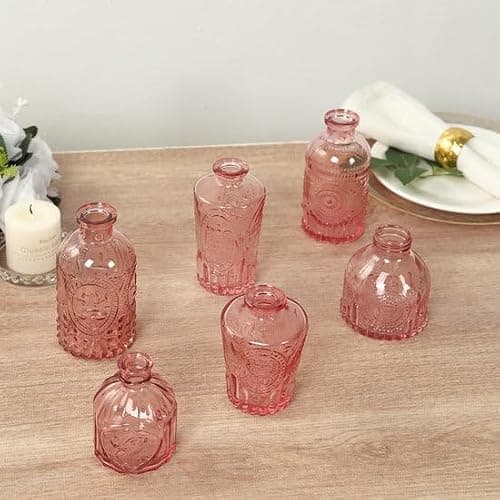 Efavormart Set of 6 Vintage Embossed Dusty Rose Glass Bud Vases, Decorative Apothecary Style Reed Diffuser Table Centerpieces thumbnail 4