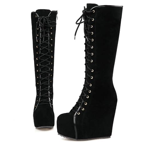 Parisuit Women's Knee High Goth Platform Boots Lace Up Combat Boots | Chunky High Heel, Buckle Boots, Punk Chain Boots thumbnail 8