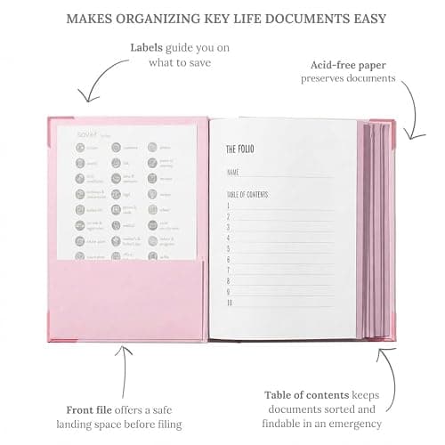 The Folio® Important Document Organizer by Savor | Binder with Guided Labels, Acid-Free File Folder Organizer with 10 Pockets, Document Holder for Home Records, Legal and Medical Papers (Pink) thumbnail 7