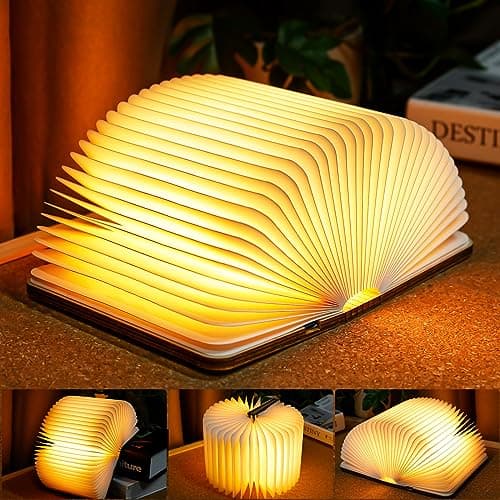 TRUMPETS Lampada Libro Led Pieghevole in Legno Mood Lights, Luci notturne 2500mAh Ricarica USB-C, Idea Regalo Originale Compleanno e Natale (12cm | Bianco caldo) - Image 1