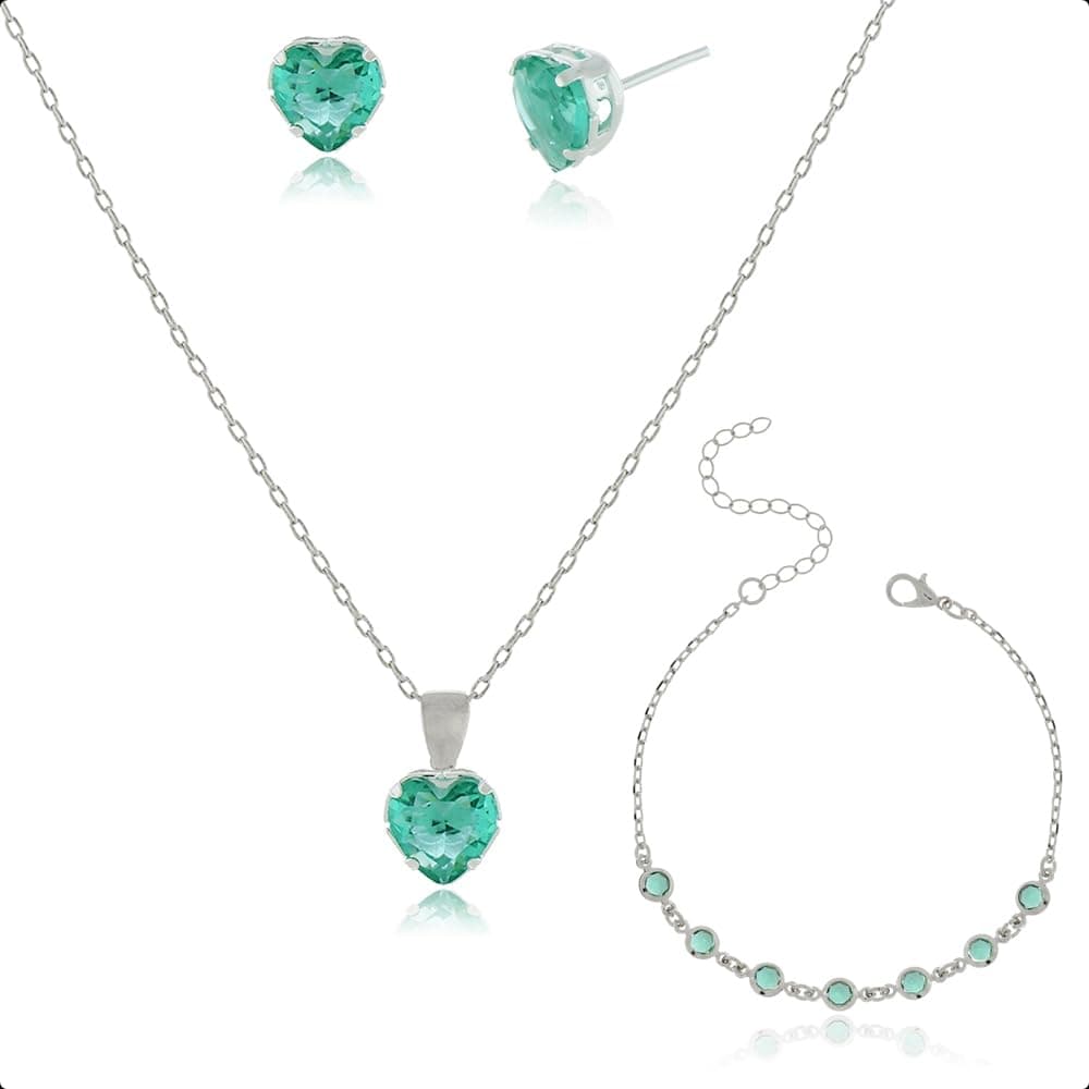 Kit Semijoia Banhado Prata 925 com Pulseira, Colar e Brinco Coração Verde Turmalina - Image 1