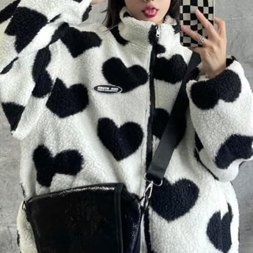 Sumleno Women's Fleece Sherpa Jackets Reversible Kawaii Heart Print Fuzzy Zip Up Cutecore Coats Aesthetic Y2k Gyaru Clothes thumbnail 7